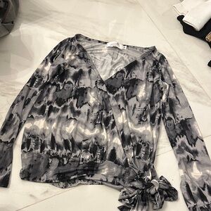 Elegant Black and Gray Abstract Wrap Blouse